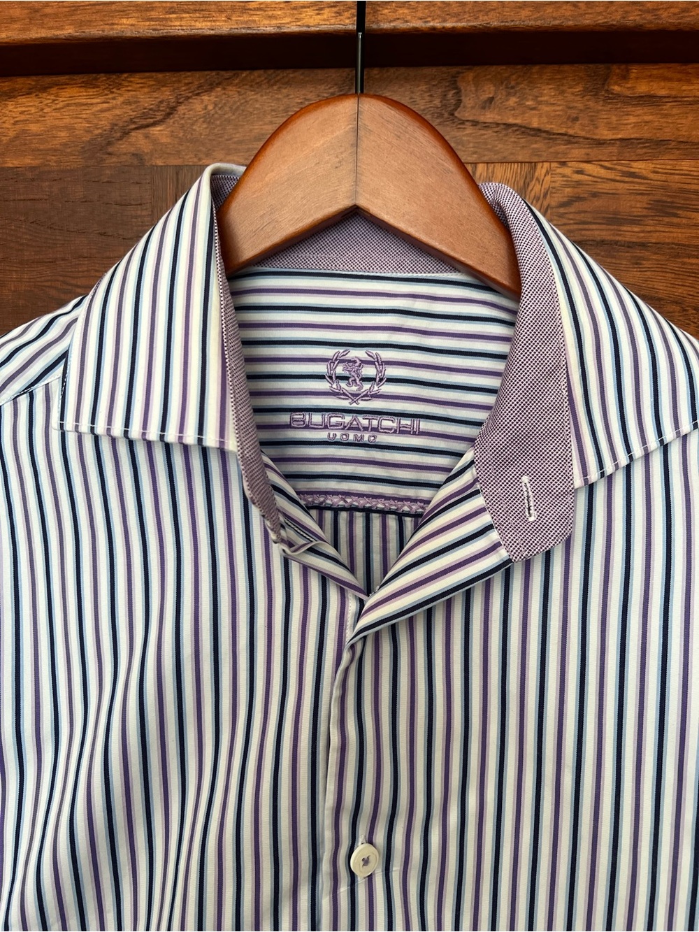 Bugatchi Striped White Dress Shirt with Purple and Navy Accents